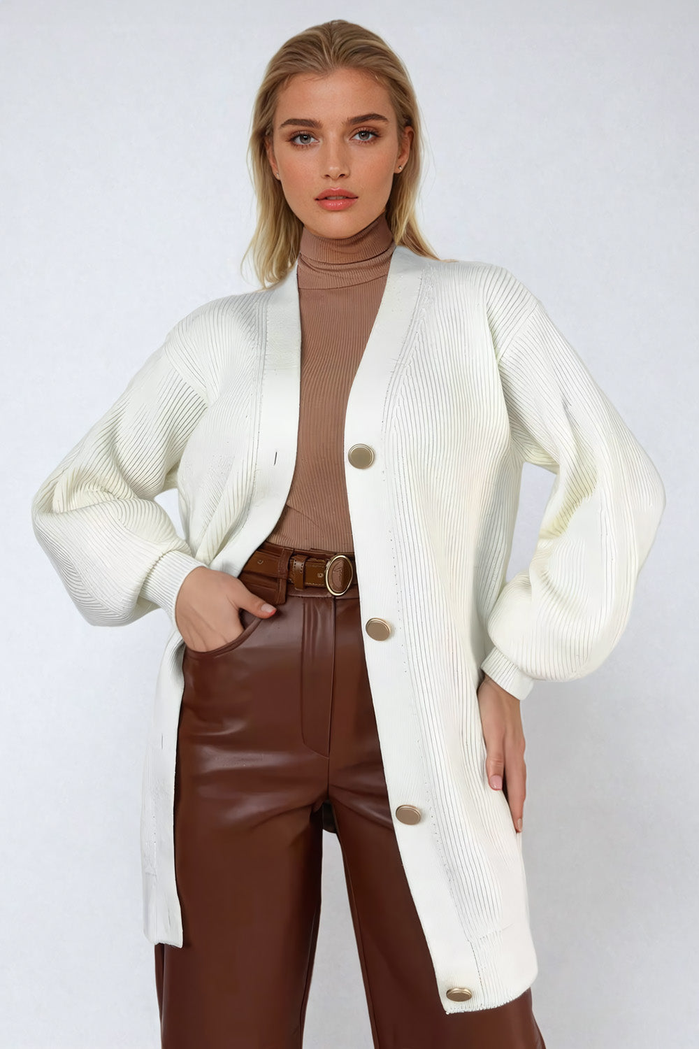 Oversized Ribbed Knit Cardigan with V-Neckline - White