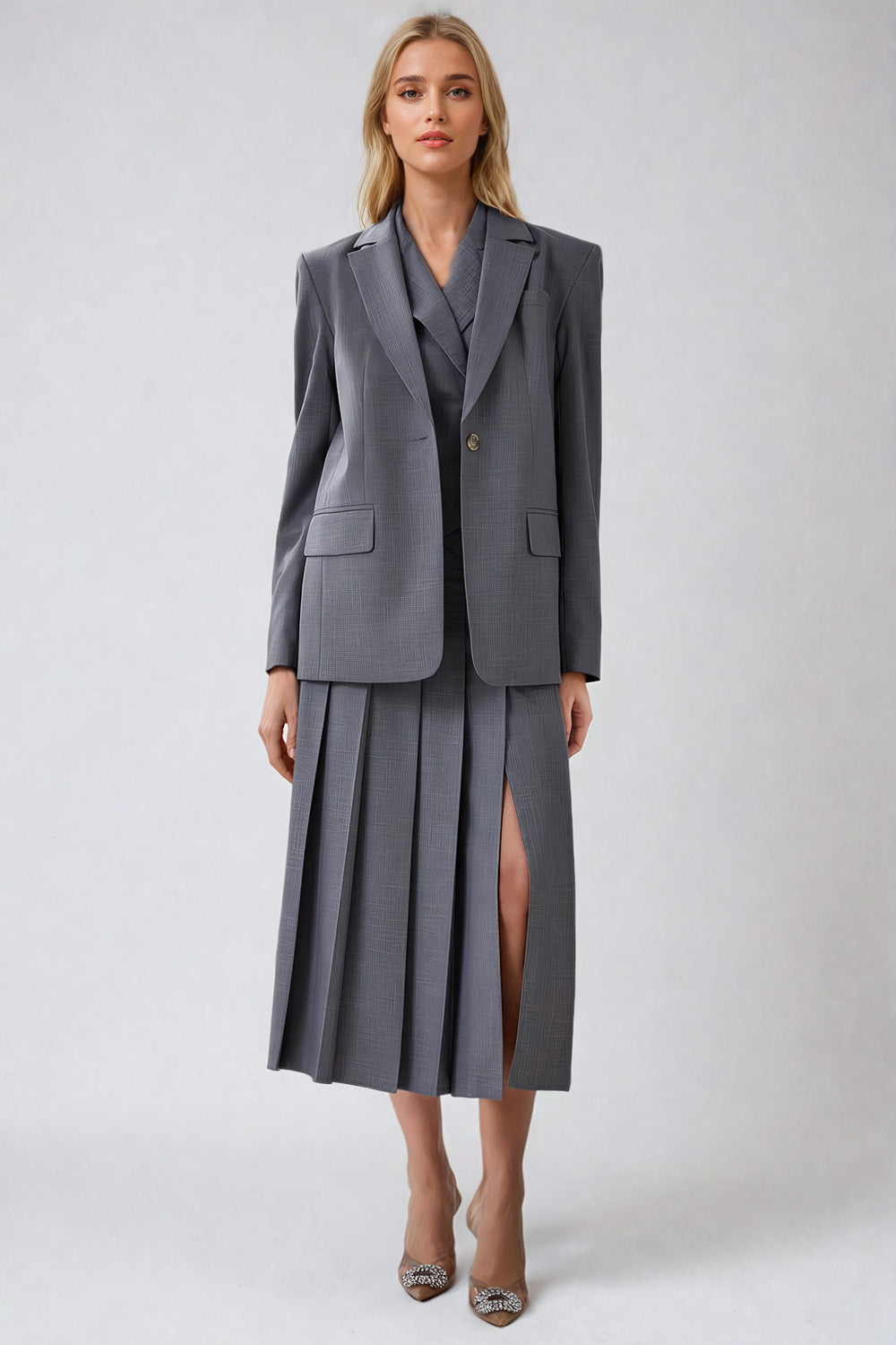 Three-Piece Set with Double-Breasted Blazer with Vest and Pleated Skirt - Gray