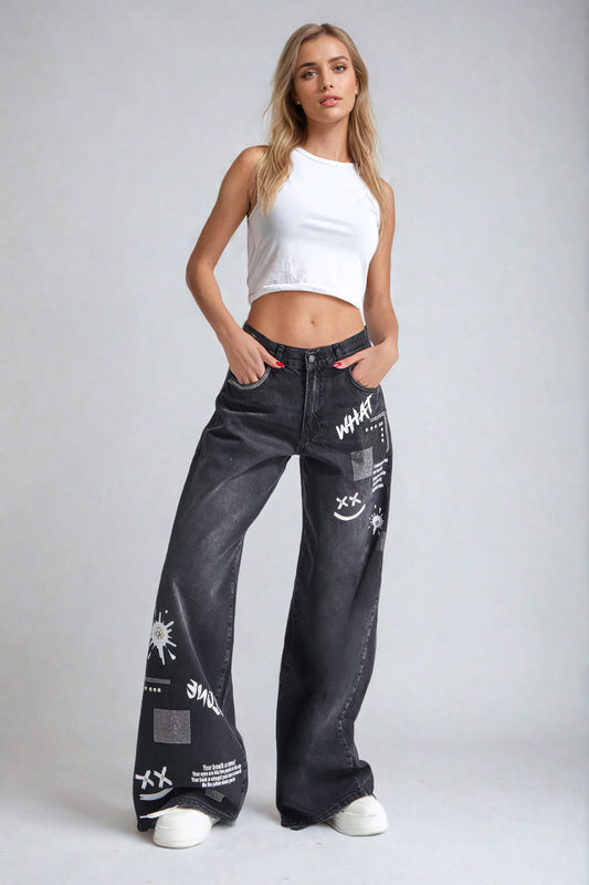 Wide-Leg Graffiti Print Denim Jeans - Black