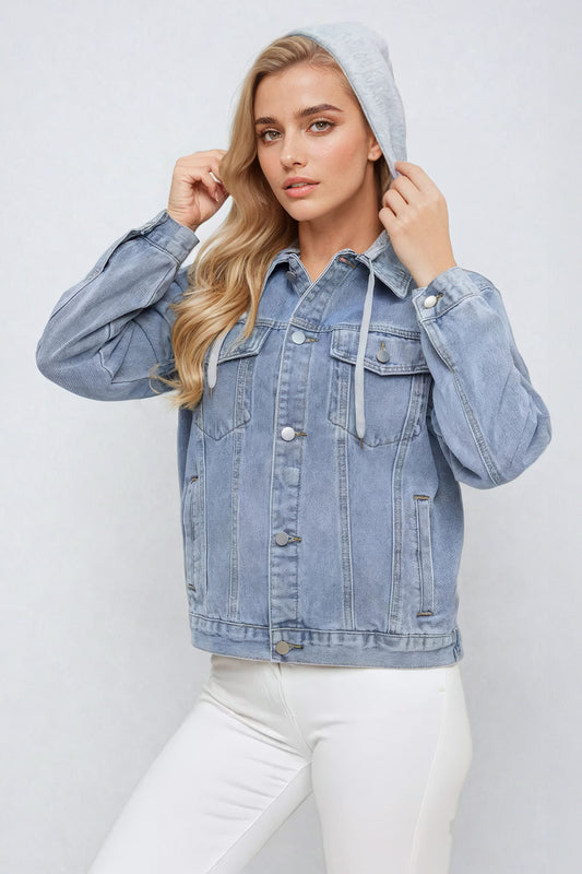 Casual Denim Jacket with Hood - Light Blue