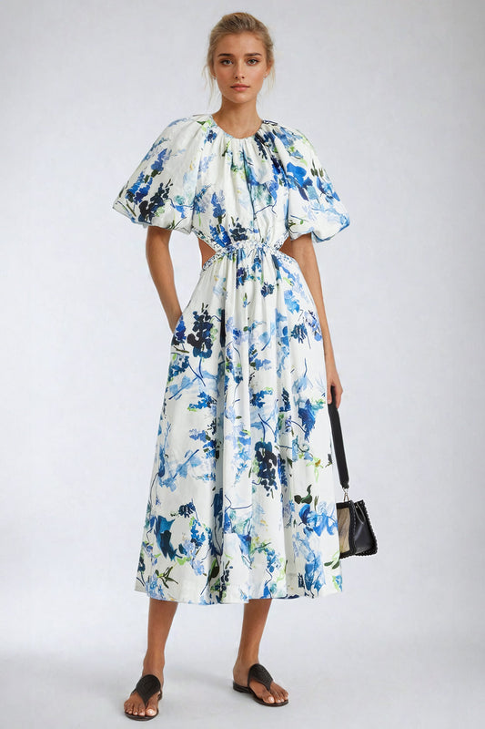 Floral Puff Sleeve Cut-Out Midi Dress - White