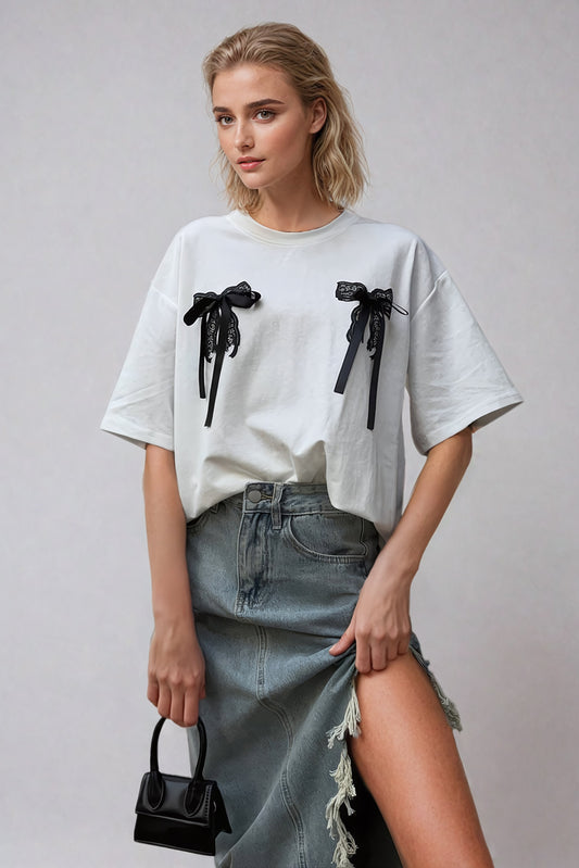 Oversized T-shirt with Lace Bow and Butterfly Embellishments - White