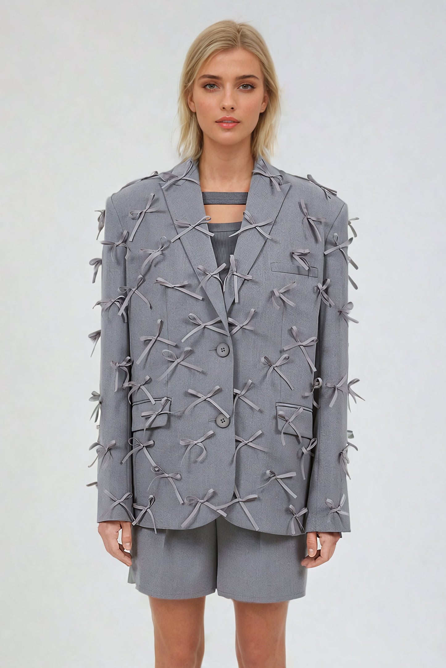 Bow-Accented Blazer with Deep V-Neckline - Gray