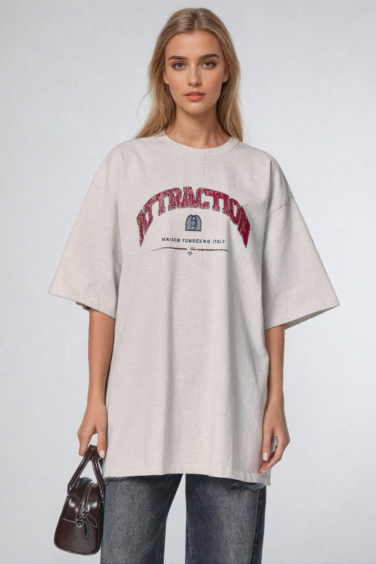 Oversized Graphic T-Shirt with Bold Lettering - Gray