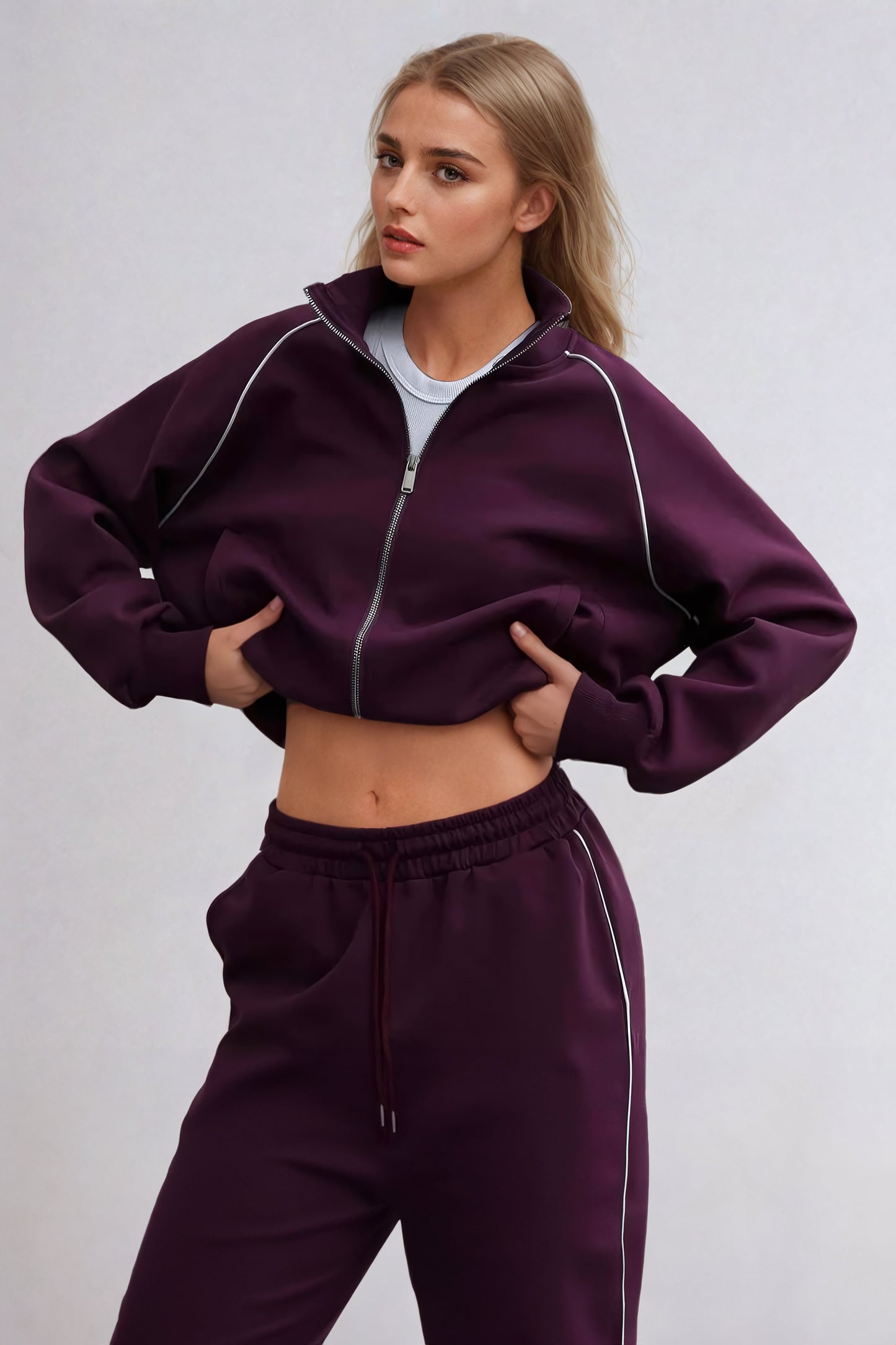 Two-Piece Set with Full-Zip Sweater and Wide-Leg Trousers - Burgundy