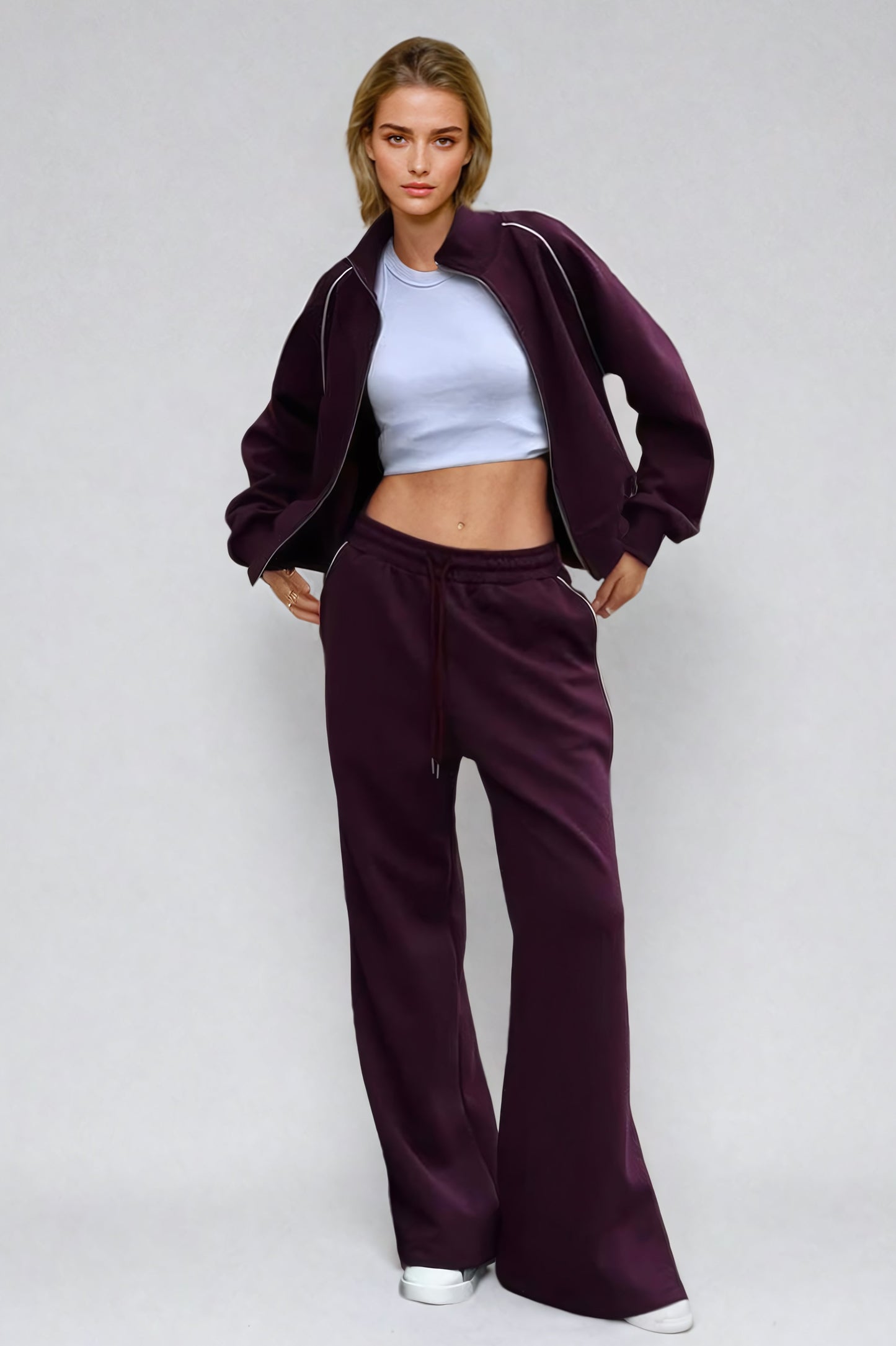 Two-Piece Set with Full-Zip Sweater and Wide-Leg Trousers - Burgundy