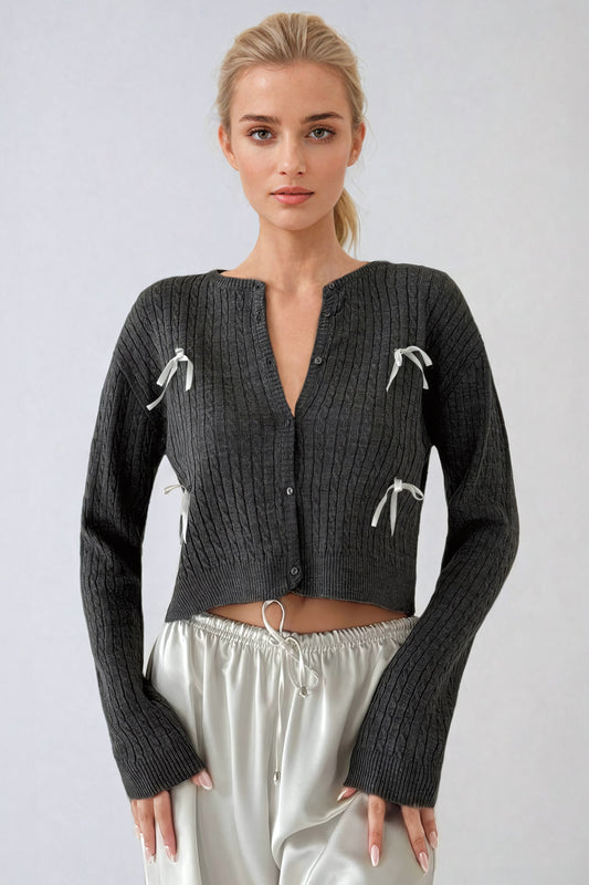 Knitted Cardigan with Bow Detailing and Crew Neckline - Gray