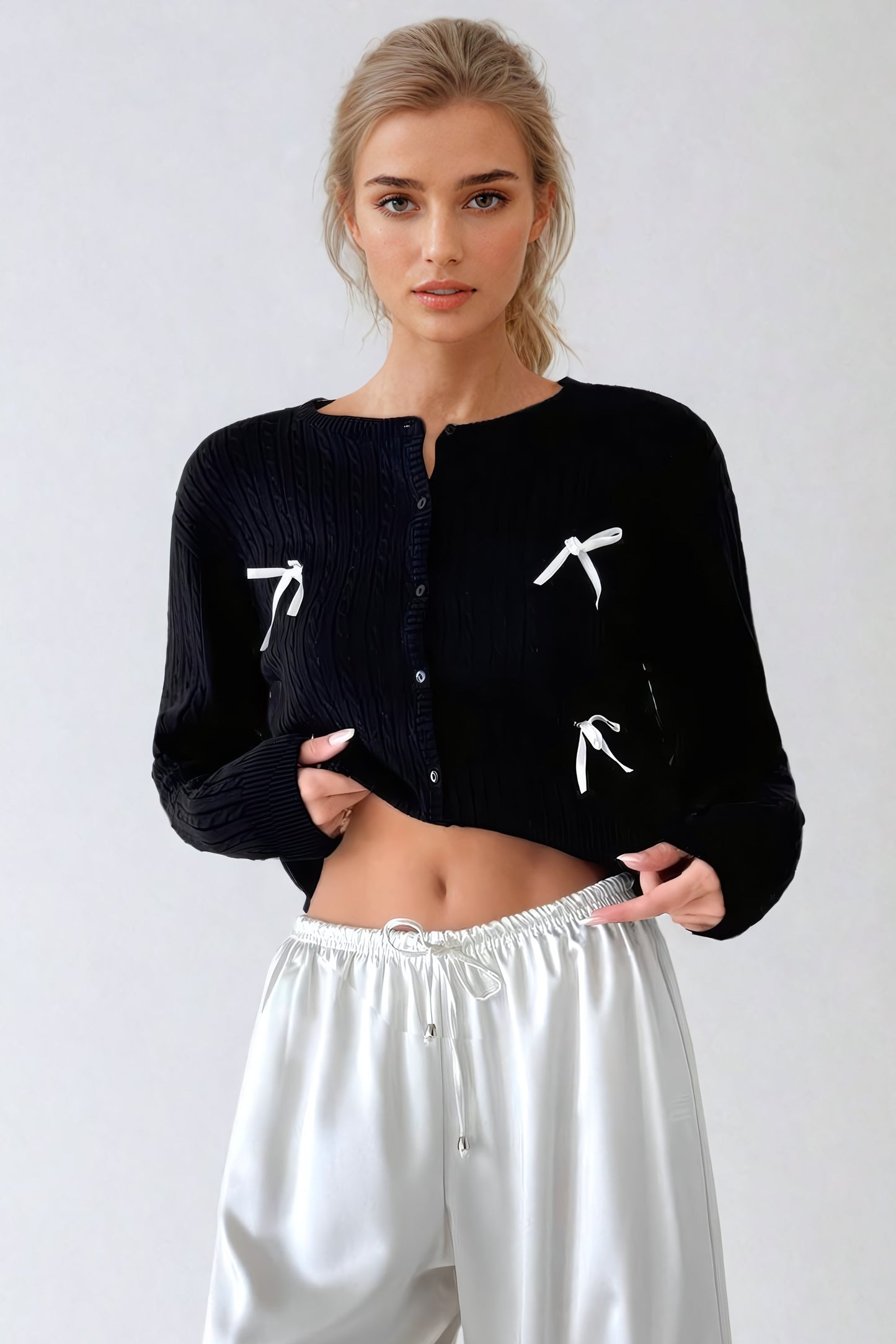 Knitted Cardigan with Bow Detailing and Crew Neckline - Black