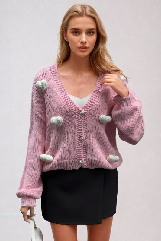 Cropped Knit Cardigan with 3D Heart Accents - Pink