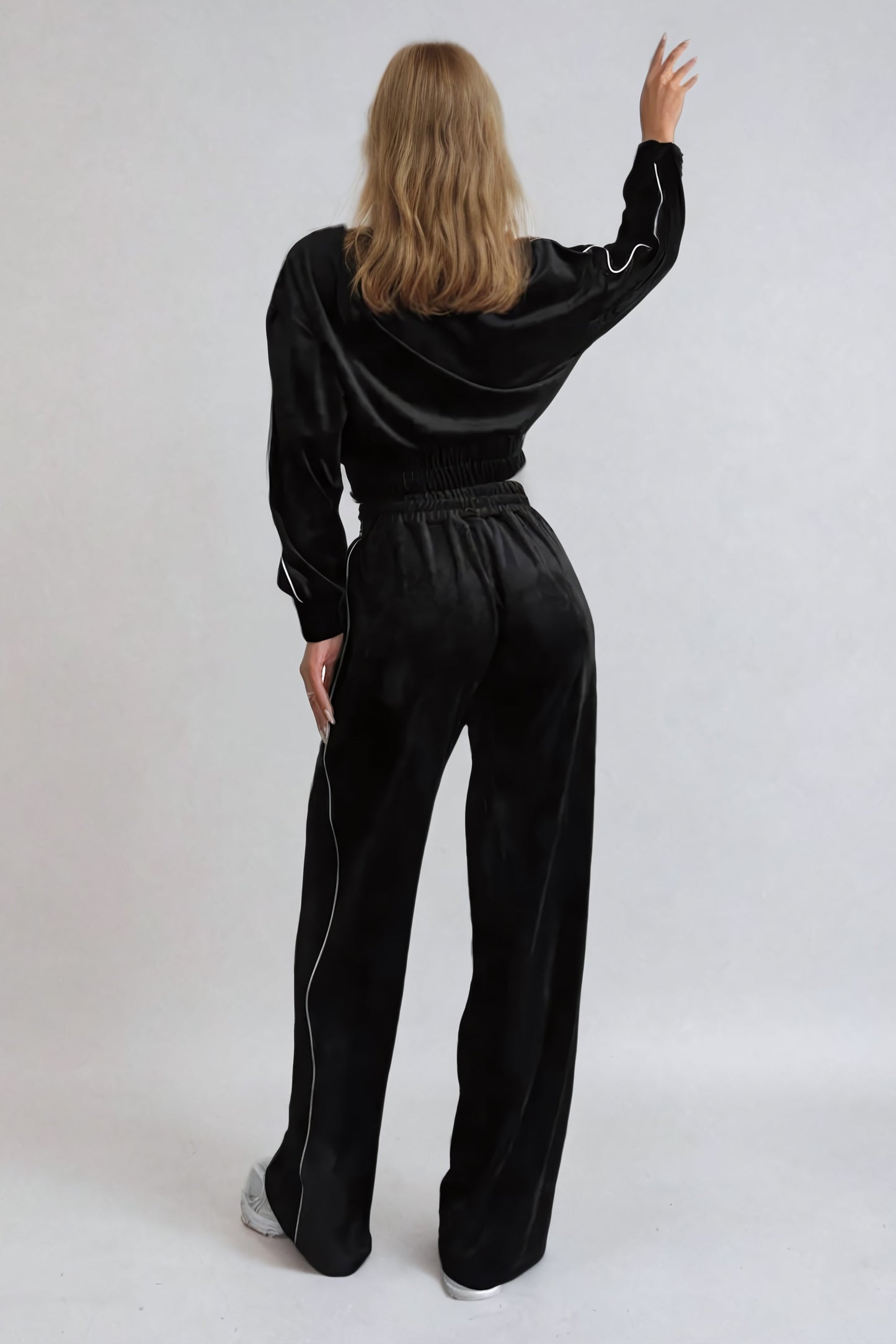 Zip-Up Collared Jacket and Wide-Leg Trousers Two-Piece Set - Black