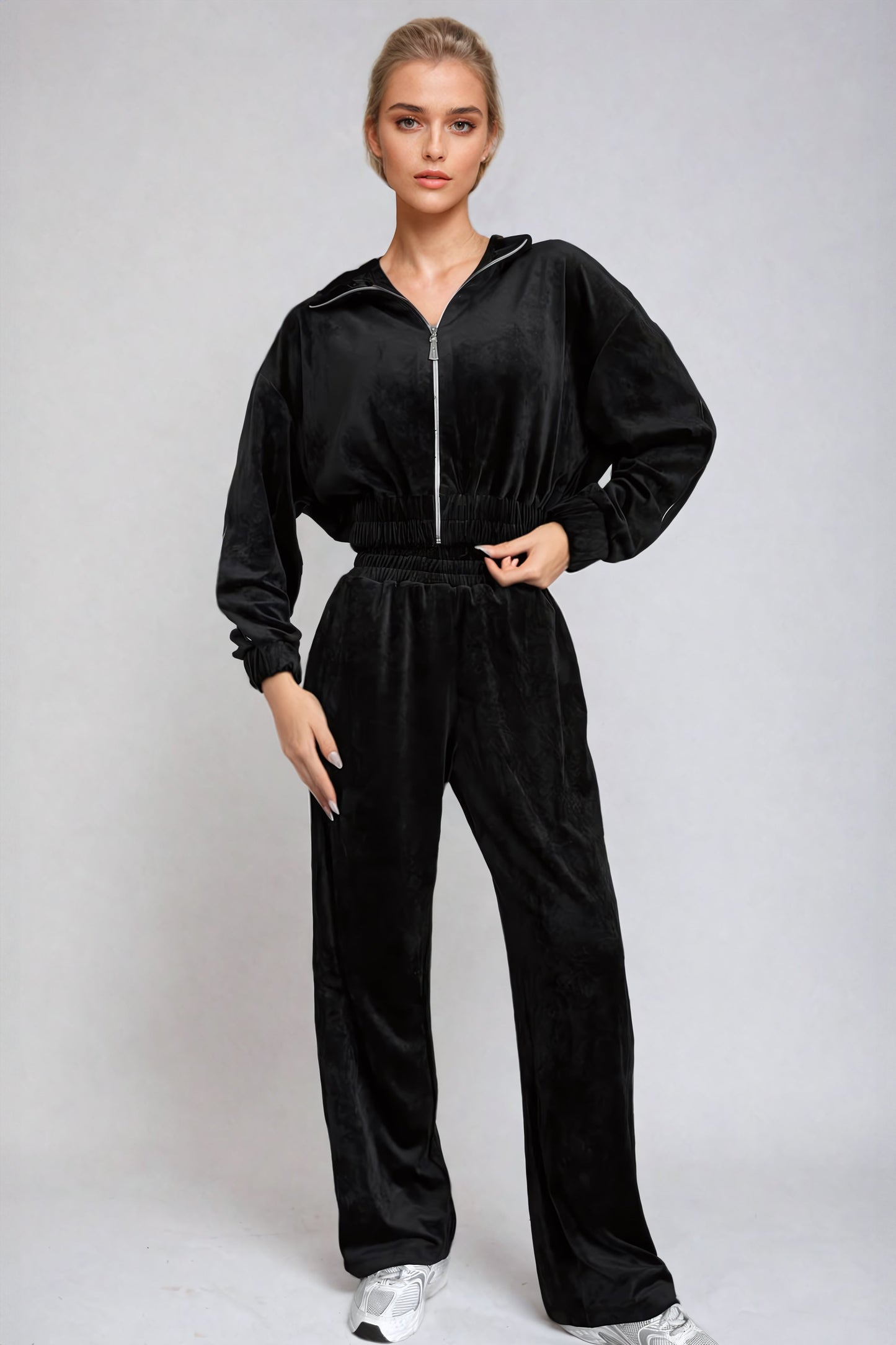 Zip-Up Collared Jacket and Wide-Leg Trousers Two-Piece Set - Black