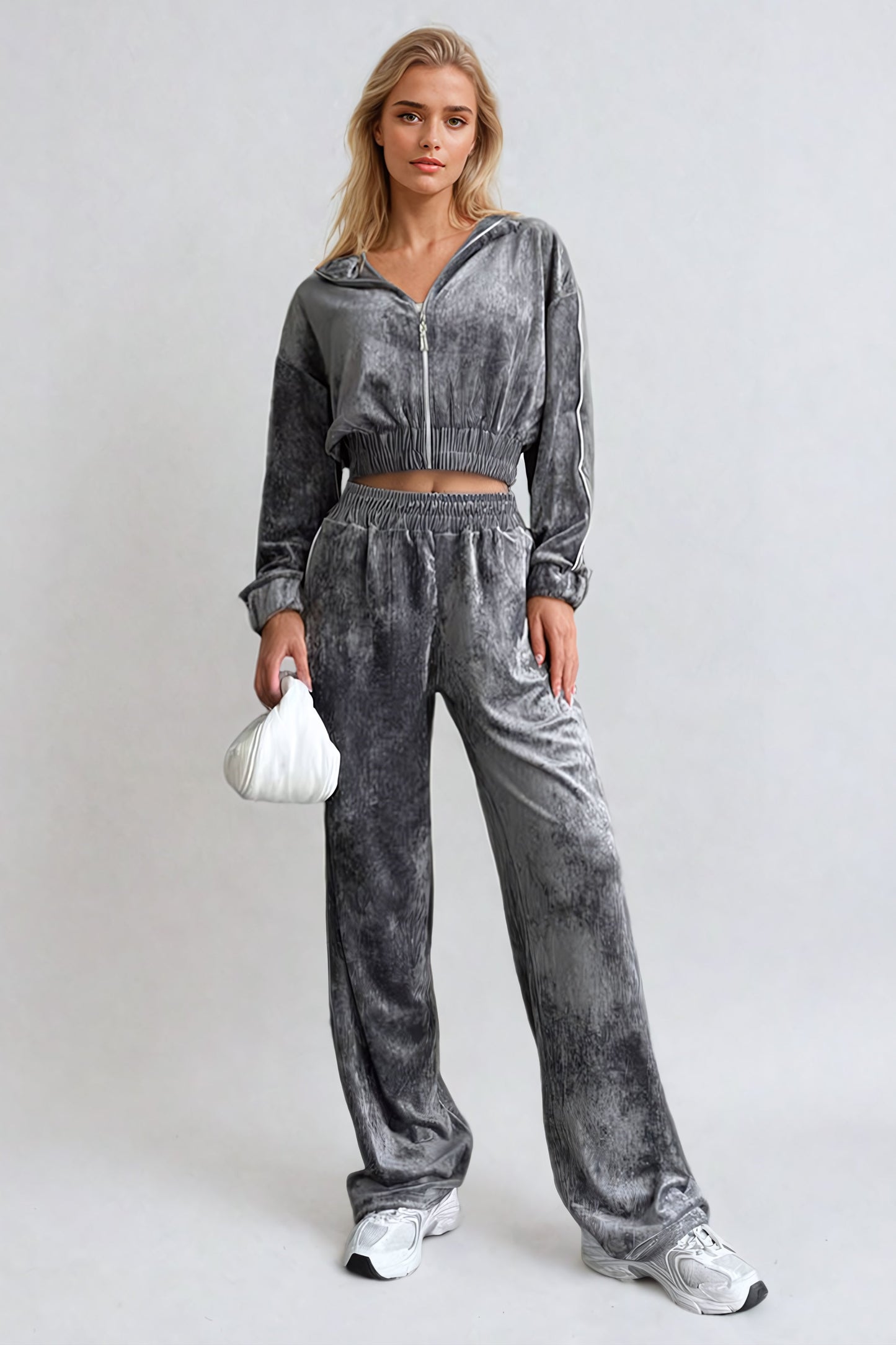 Zip-Up Collared Jacket and Wide-Leg Trousers Two-Piece Set - Gray