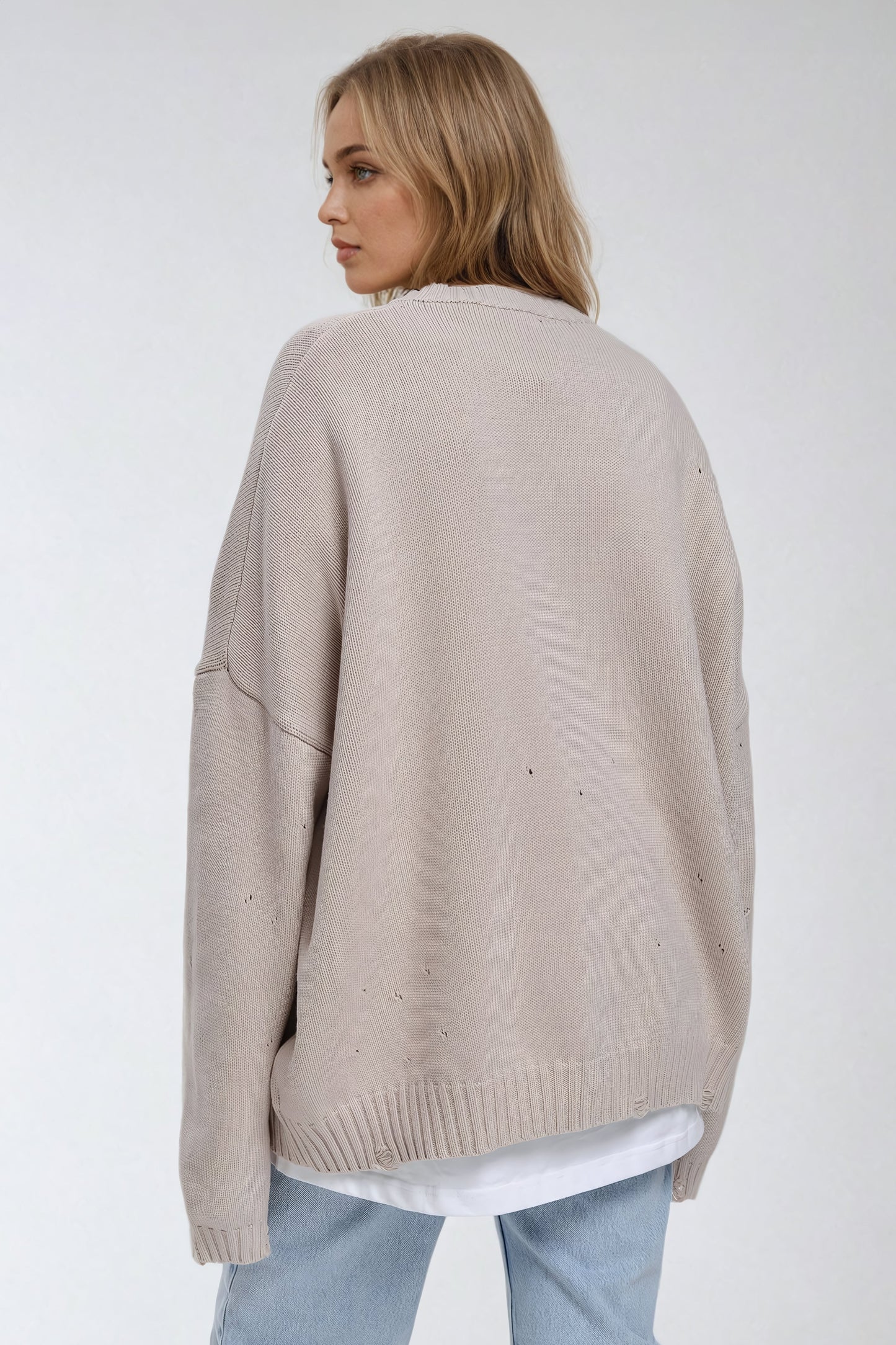 Distressed Knit Sweater with Minimal Detailing - Beige