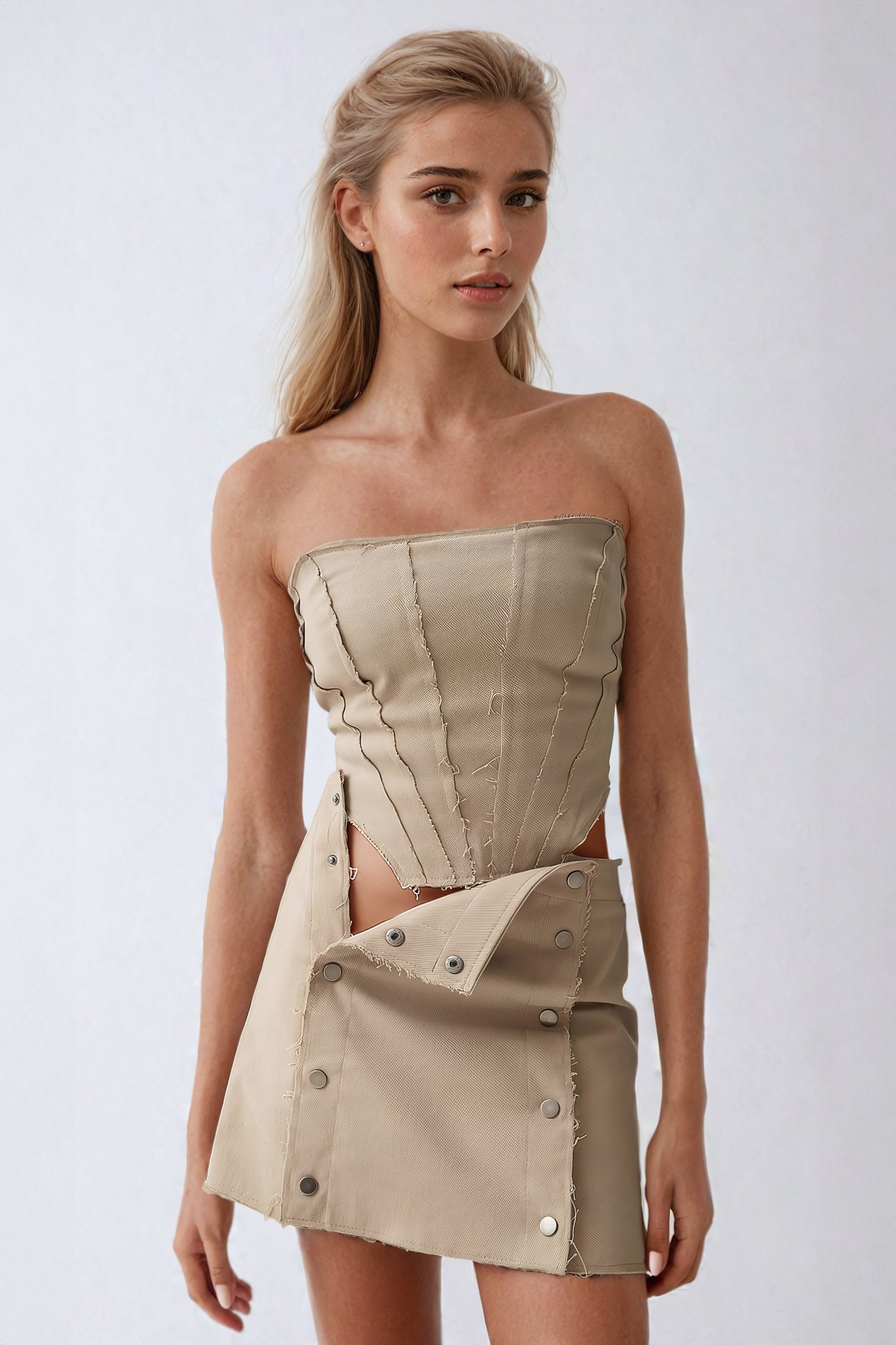 Denim Corset Top with Skirt and Cropped Jacket Three-Piece Set - Brown