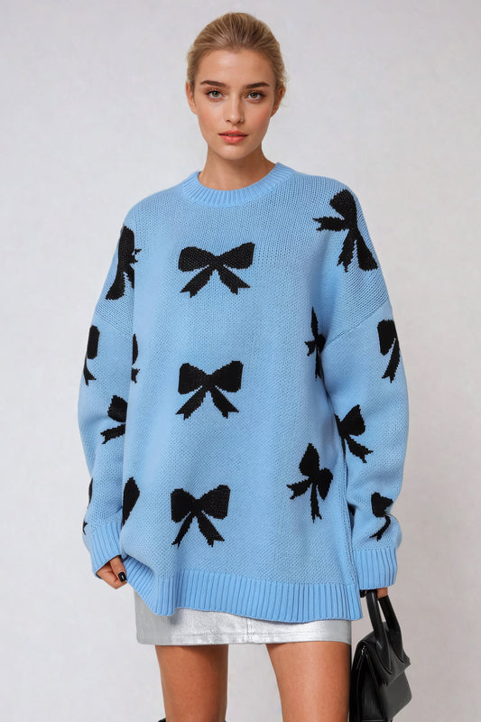 Oversized Bow-Pattern Sweater with Ribbed Crew Neckline - Blue