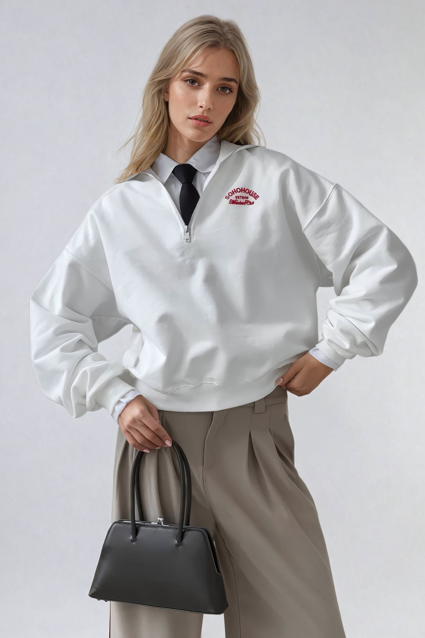 Half-Zip Sweatshirt with Embroidered Detail - White