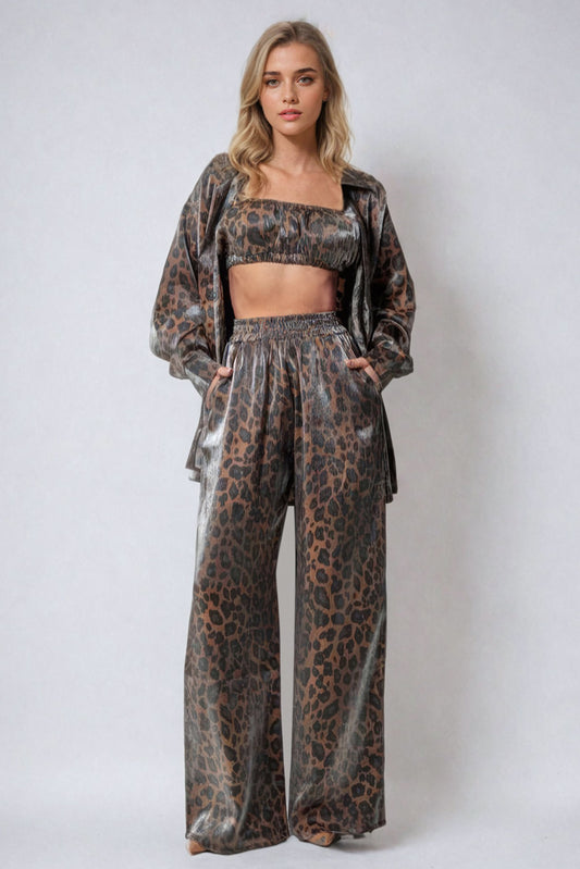 Two-Piece Set with Animal Print Jacket and Trousers - Brown