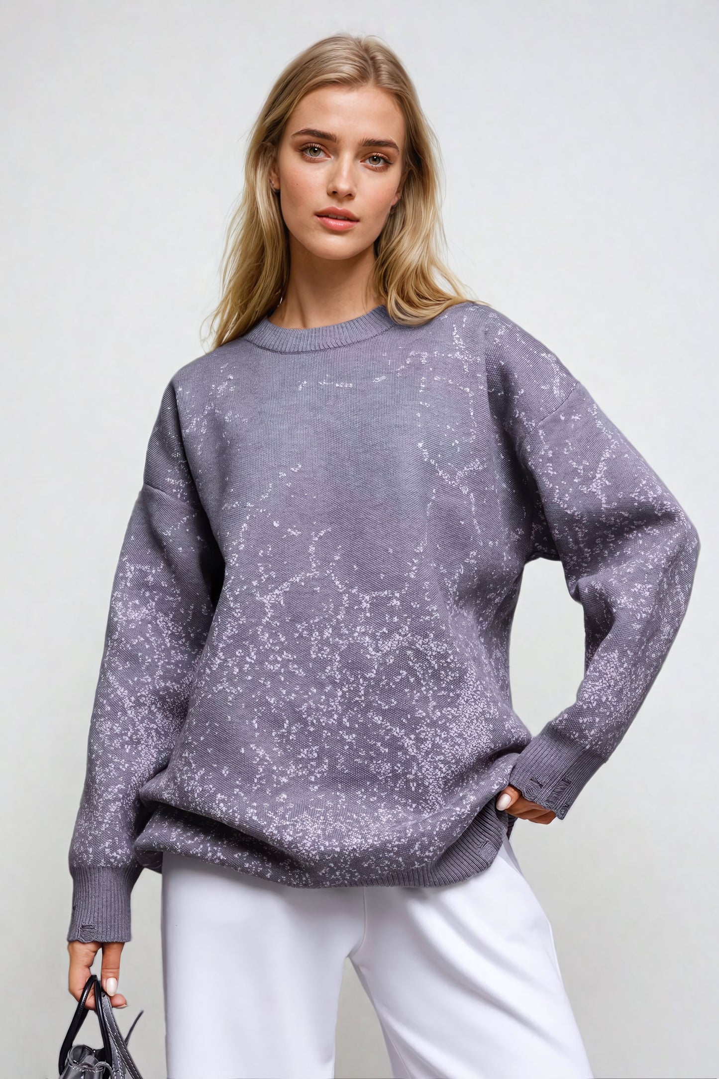 Knit Oversized Sweater with Tattered Accent - Gray