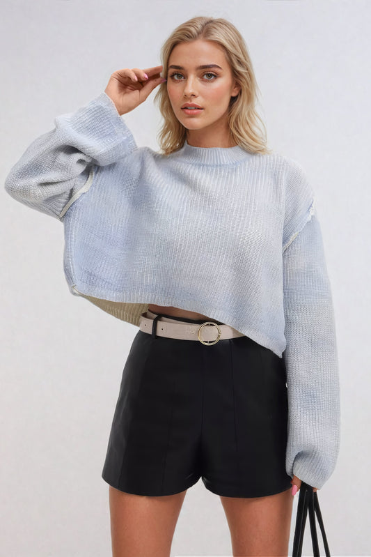 Cropped Knit Sweater with Oversized Sleeves - Light Blue