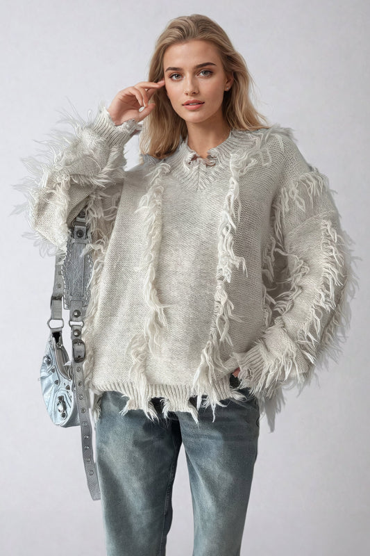 Textured Fringe-Detail Knit Sweater - Beige