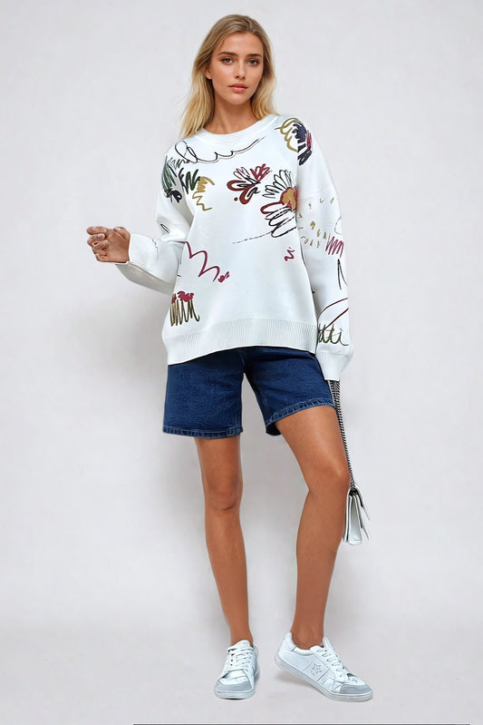 Graphic Print Oversized Sweater with Ribbed Crew Neck - White