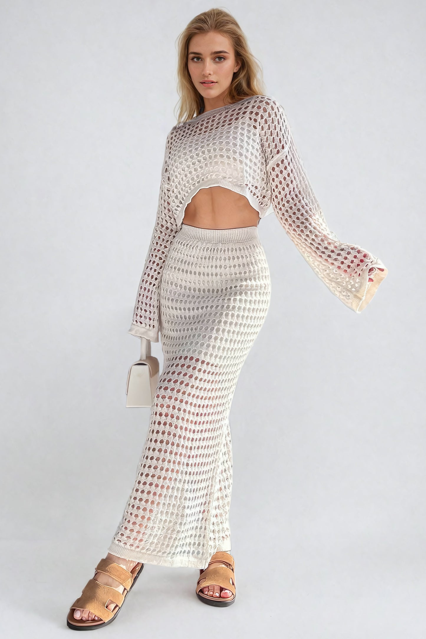 Two-Piece Set with Open Knit Long-Sleeved Top and Maxi Skirt - Beige