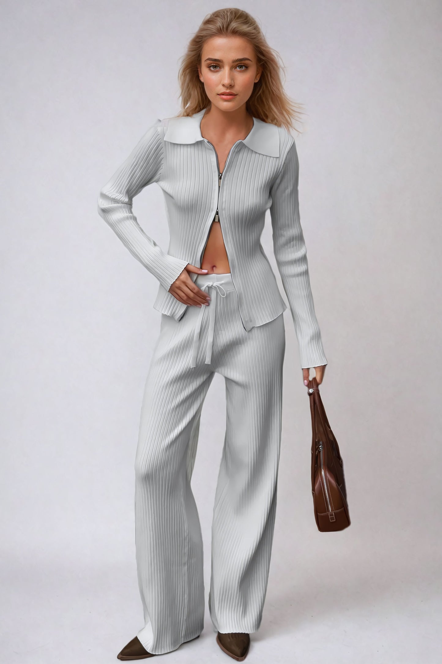 Ribbed Zip-Up Jacket and Drawstring Trousers Two-Piece Set - White